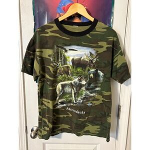Adirondacks Wildlife Camo Ringer T-Shirt Mens Medium Wolf Bear Moose Deer Eagle